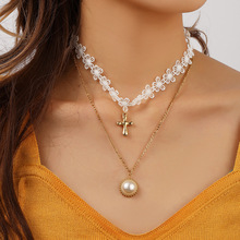 欧美跨境时尚新款个性不锈钢金色布艺花朵十字架珍珠双层项链饰品