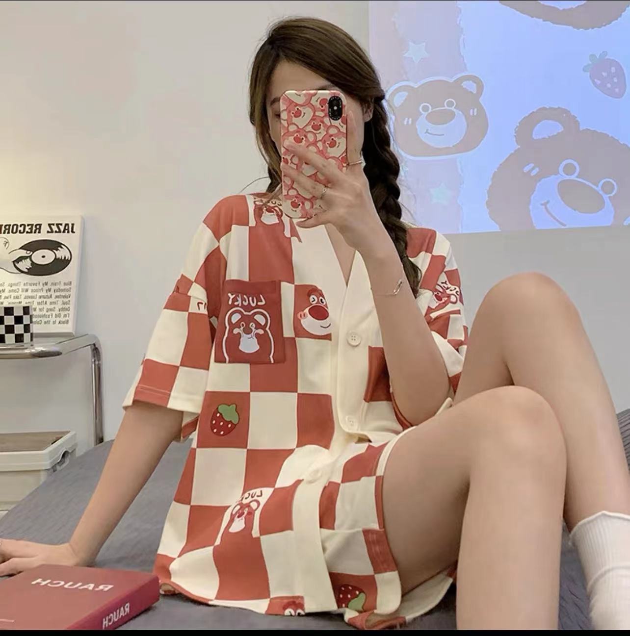 Pijamas de verano de las mujeres nuevo cardigan pantalones cortos de manga corta lindo estilo Chanel desgaste al aire libre desgaste del hogar del verano traje de dos piezas