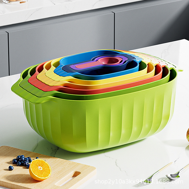 Venta directa de fábrica nuevo utensilios de cocina multifuncionales de nueve piezas, utensilios de tamiz de harina, separador de clara de huevo, lavabo de frutas y verduras