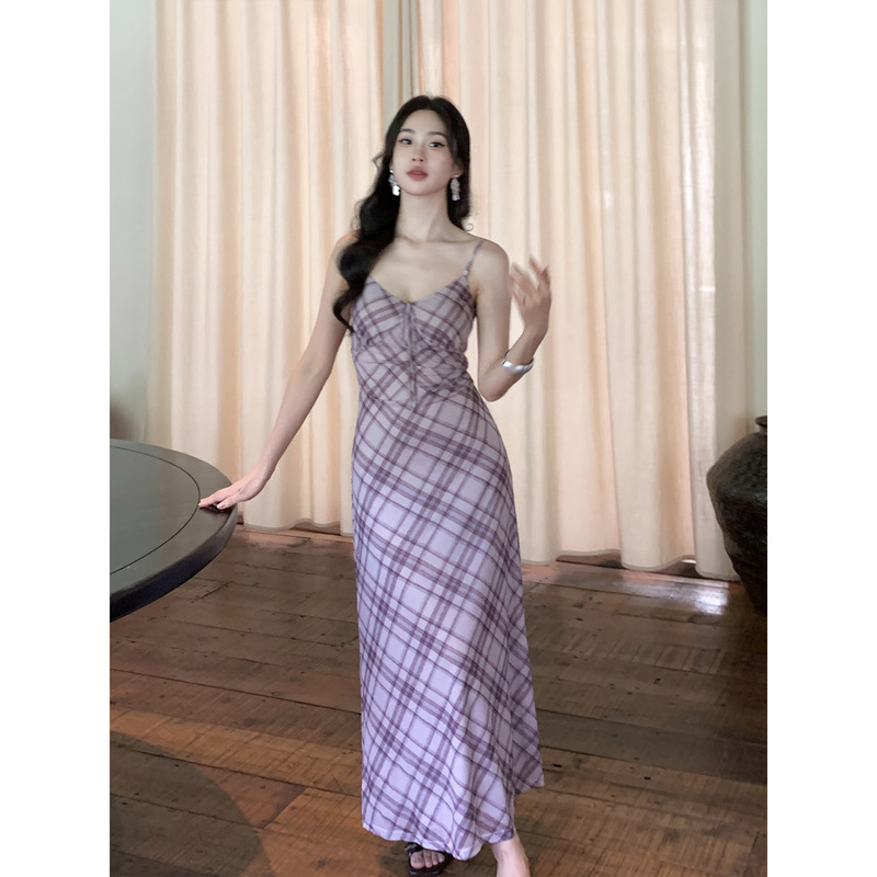 SYT自制 垂感好网纱弹力显瘦格子吊带连衣裙|undefined