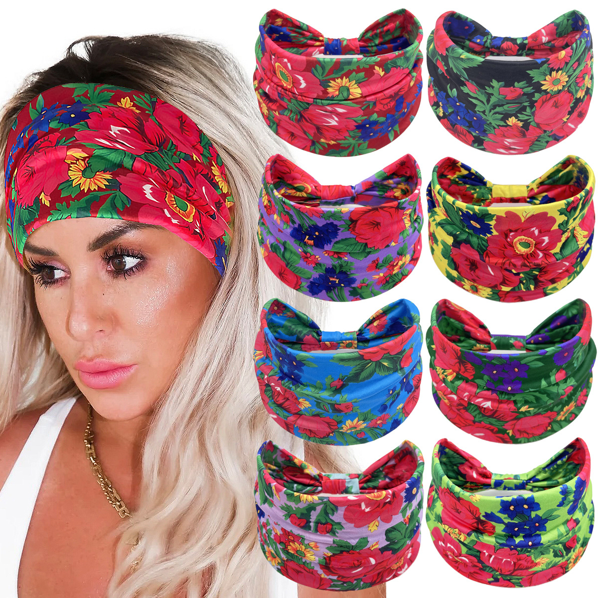 Europa y los Estados Unidos primavera y verano nuevo nudo impresión bohemia borde ancho elástico banda de cabello deportiva turbante absorbente de sudor