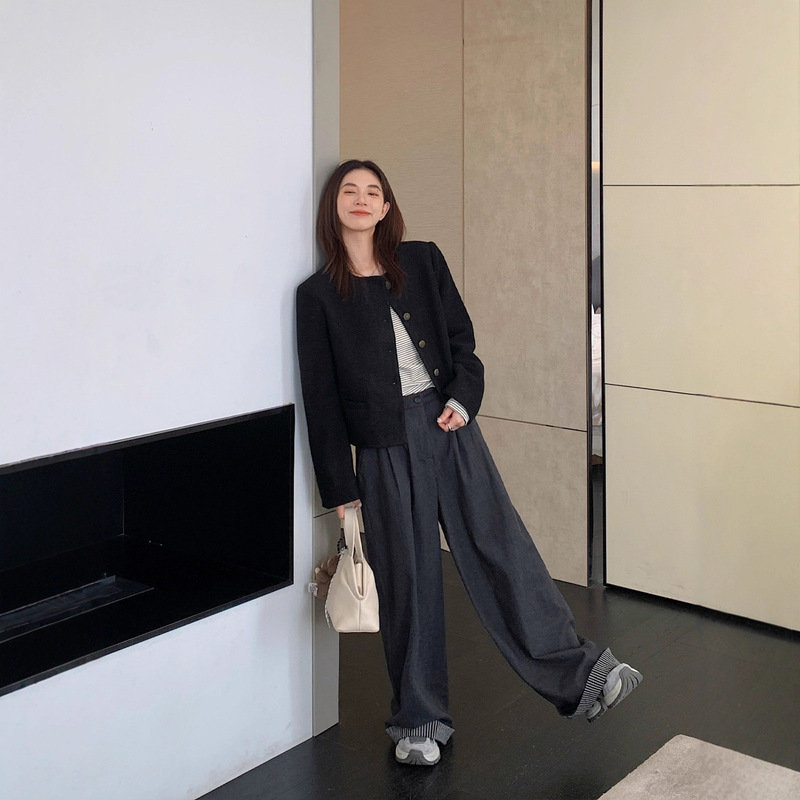 意法黑色小香风外套女秋季新款小个子高级感羊毛宽松短款上衣百搭|undefined