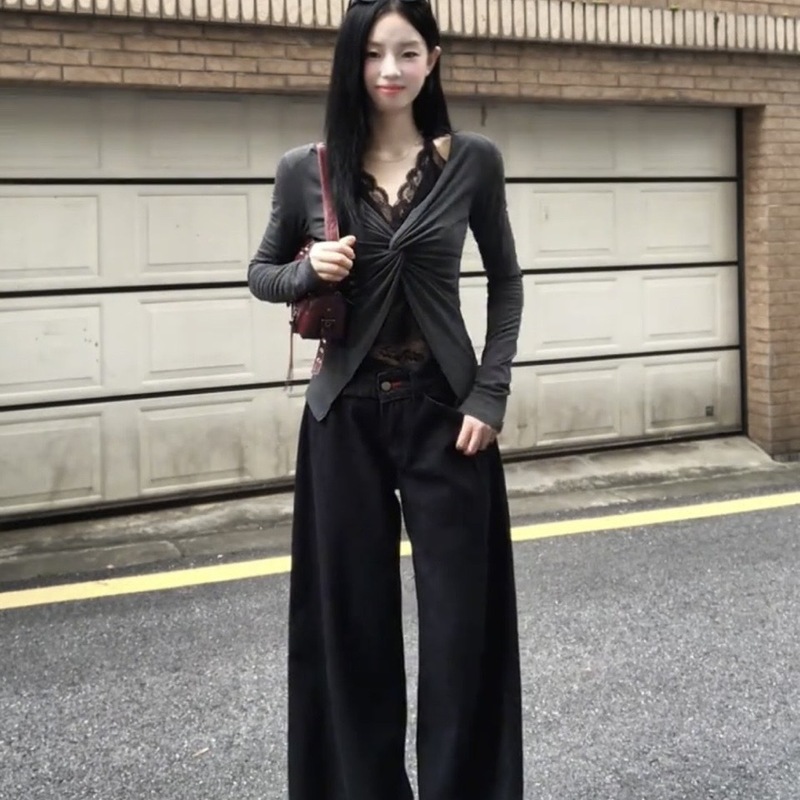 法式纯欲风蕾丝拼接纽结长袖t恤女早秋收腰显瘦假两件打底衫上衣|undefined