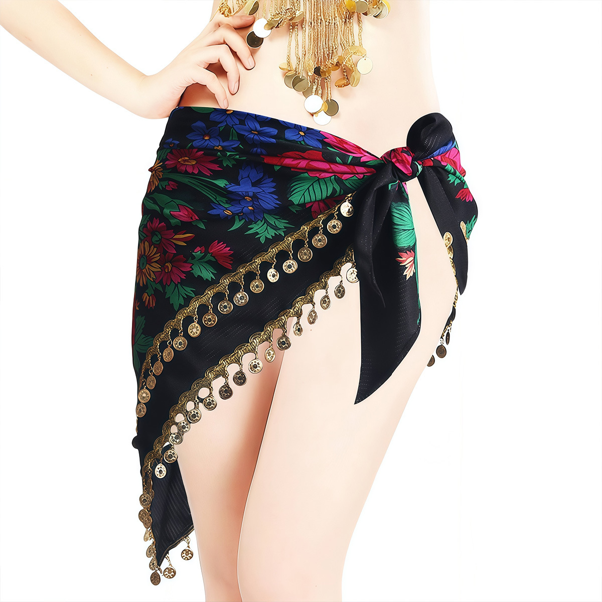 Cross-Border Hot-Selling European and American Women's Belly Dance Latin Dance Double-Layer Sequin Tassel Triangle Hip Scarf Performance Costume