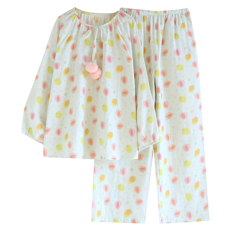 Осеннее хлопковое марлевое платье клубника, пижама, с длинным рукавом, кардиган, комплект, плюс размер