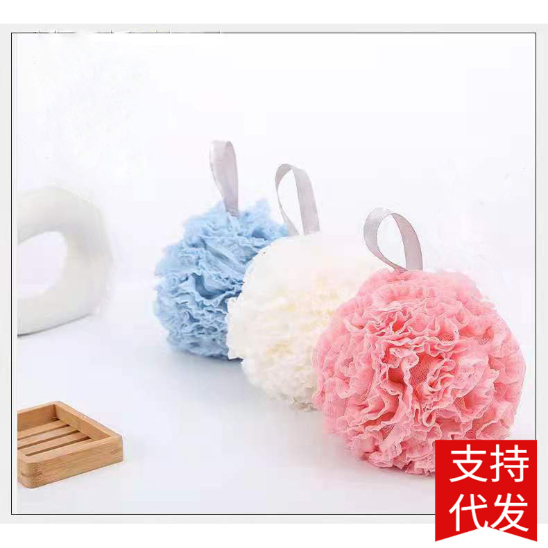纯色沐浴球 蕾丝花边双层柔软抽绳洗澡浴花