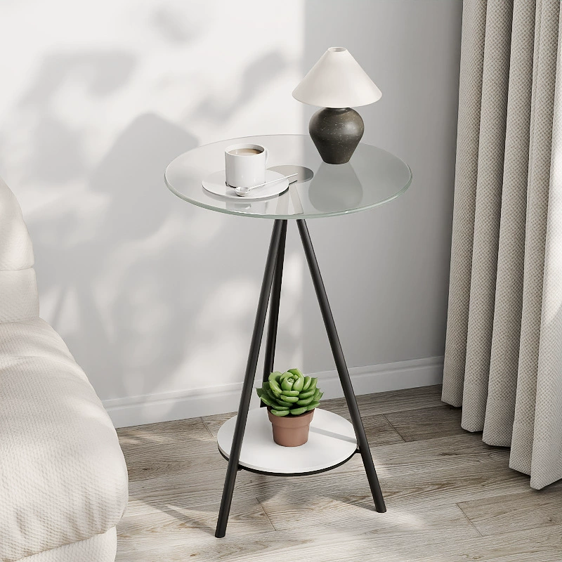 Минималистский кремовый стиль Двойной стеклянный Маленький журнальный столик Простой домашний диван Приставной столик из кованого железа Приставной столик Спальня Тумбочка