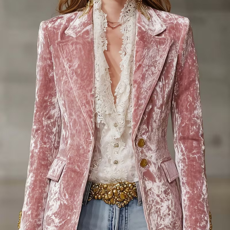 Cross-Border Hot-Selling Pink Velvet Blazer Custom-Made with Gold Buttons for Women, Sample Available Upon Request, Export Orders