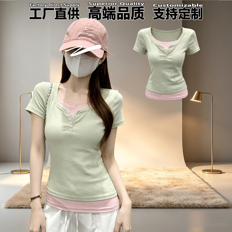 Short-Sleeved T-Shirt for Women, Round Neck, Pullover Design, Slim Fit, Summer Korean Style, Lace Fake Two-Piece Women's New Style Top