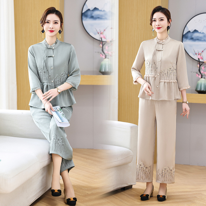 新中式民族国风妈妈春夏装套装中年女上衣薄款时尚两件套衬衫衣服