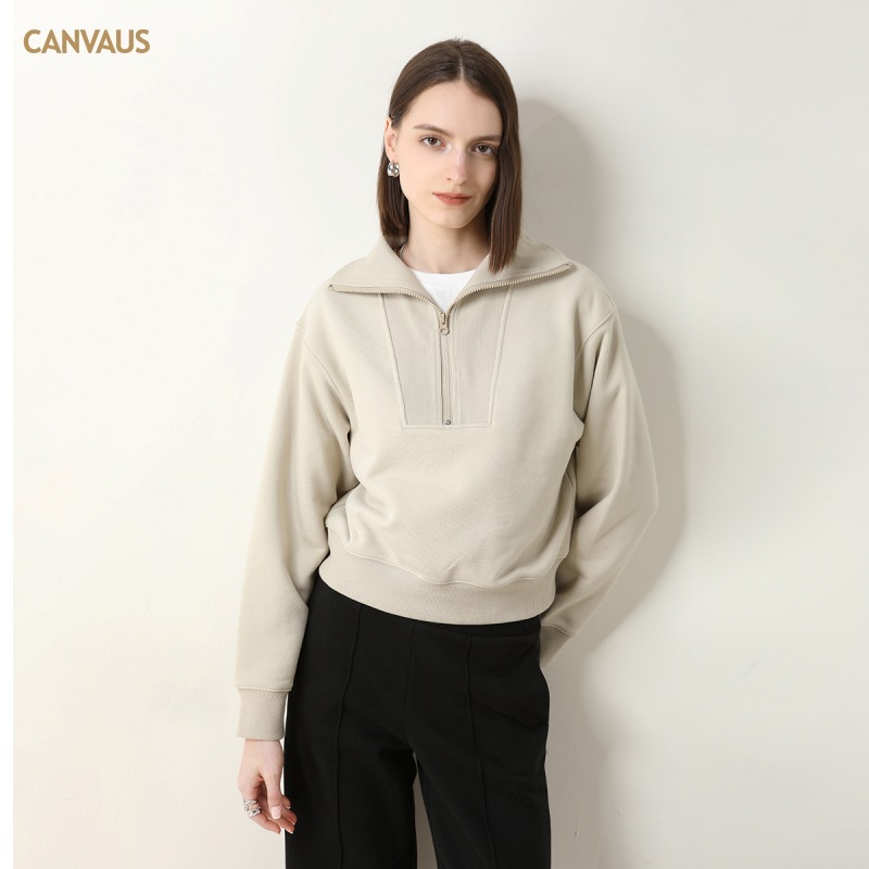 CANVAUS medio cuello abierto cremallera suéter forrado de lana de las mujeres Otoño e Invierno gota hombro manga larga suelta capa de color sólido simple superior
