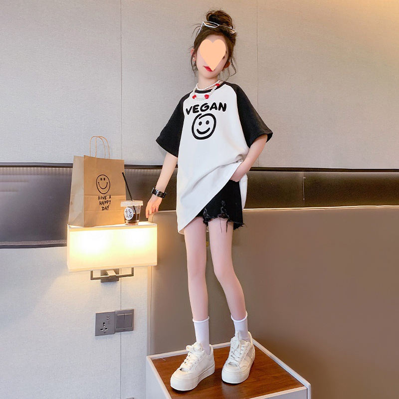 裙笑脸女大童夏季韩版时髦短袖纯印花网红棉洋气T恤新款女孩上衣