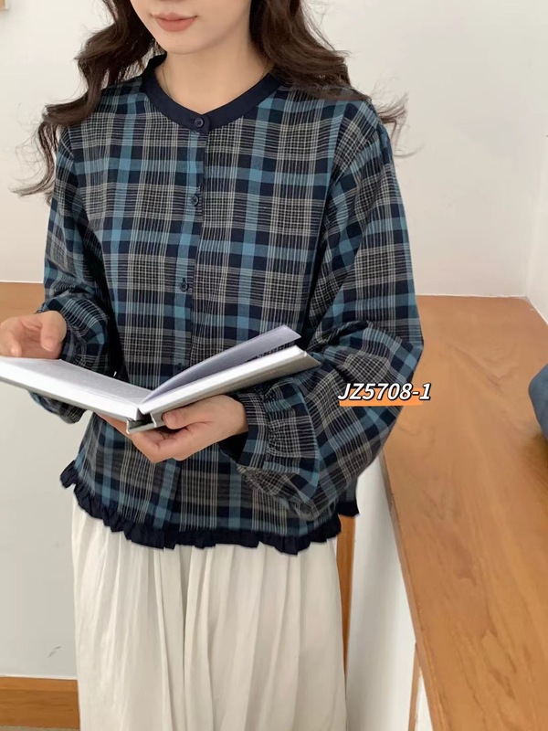 韩系圆领格子衬衫减龄显瘦花边下摆长袖上衣2025早秋开衫潮ZR|undefined