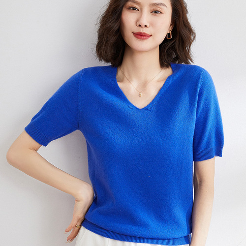 Summer Knit Short Sleeve Women's V-Neck Crew Neck Half Sleeve Top Loose Base Knit Shirt