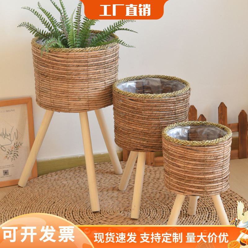 Balcón nórdico de caña decorativo de plantas estante de madera sólida sala de estar tipo piso de paja flor trenzada en maceta bambú trenzado estante