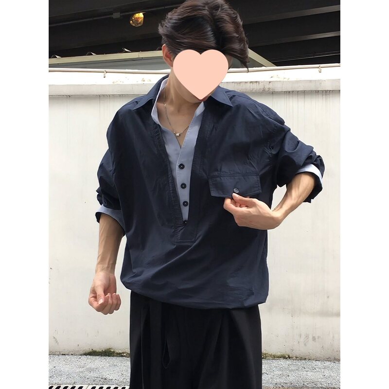 藏青色假两件v领衬衫男美式老钱风穿搭长袖衬衣cleanfit工装外套|undefined