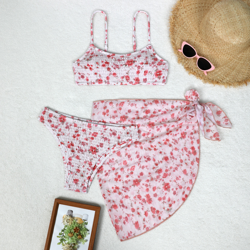 Women's Split Bikini Three-piece Swimsuit Floral Beach Wrap Set_voghion.com