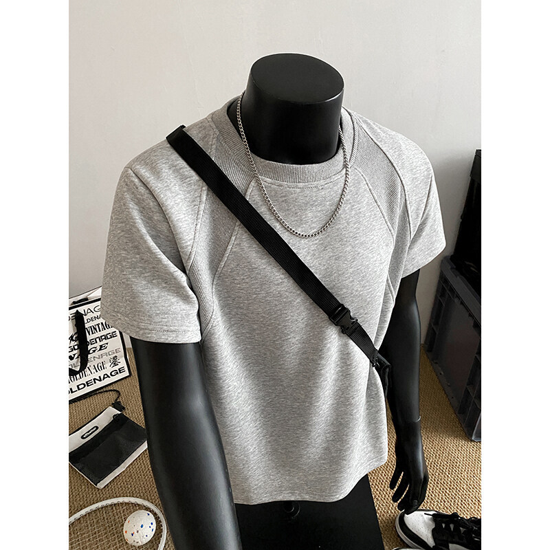 Design Sense Space Cotton Air Layer Stitching Shoulder Short-sleeved T-shirt Men's Summer American-style Box-style Duplex Handsome Half-sleeved T-shirt