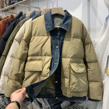 欧货牛仔拼接假两件短款服女冬季新款保暖面包服外套潮