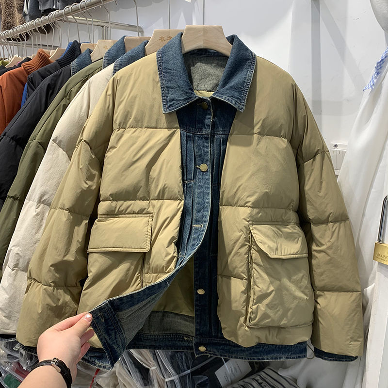 欧货牛仔拼接假两件短款服女冬季新款保暖面包服外套潮