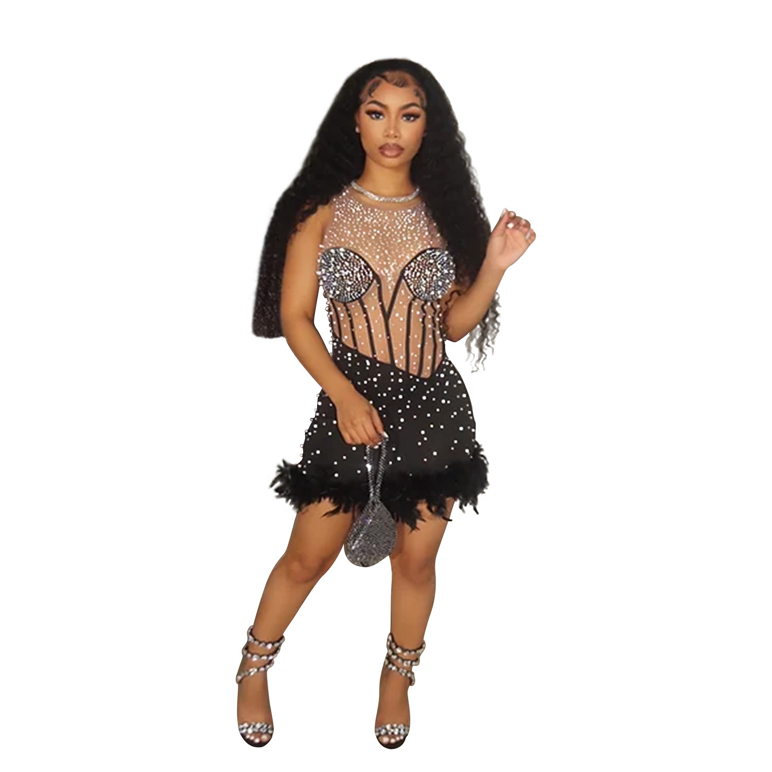 C6643 transfronteriza AliExpress Amazon moda europea y americana de las mujeres de color sólido rhinestone sin mangas de plumas shorts mono image 8