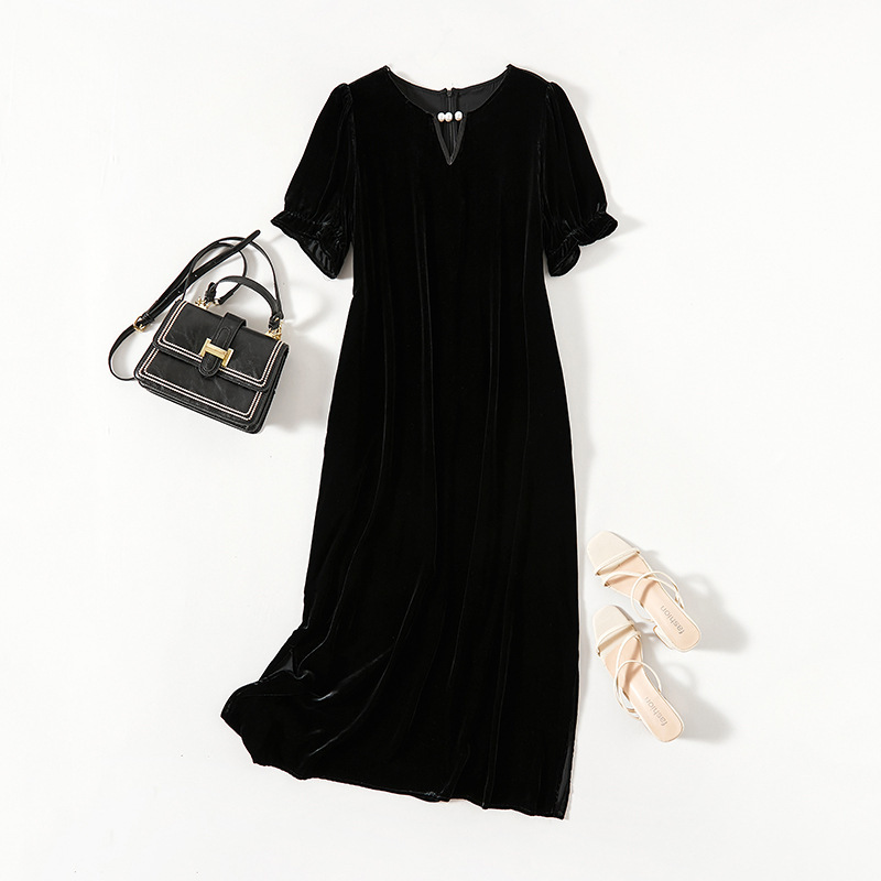 Inaer Silk Velvet Dress Hand-Beaded Elegant and Loose Version Super Long Style Can Be Worn by Women in Spring, Summer and Autumn