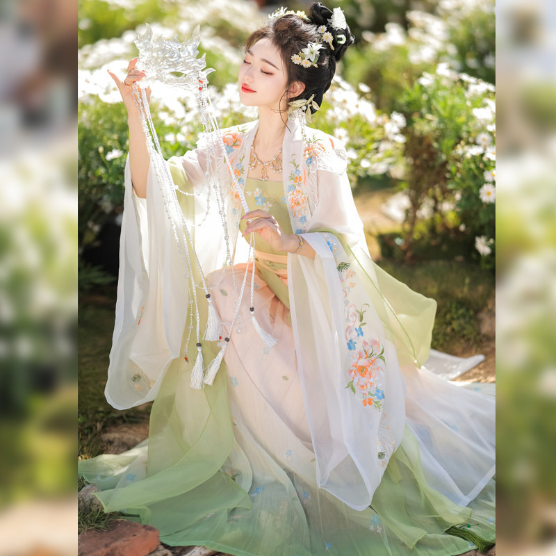 Luozhu Hanfu Original【Hua Yulu】Song-Style Front-Opening Large-Sleeve Embroidered Halter-Neck Waist-Length Pleated Skirt in Stock Chinese Style