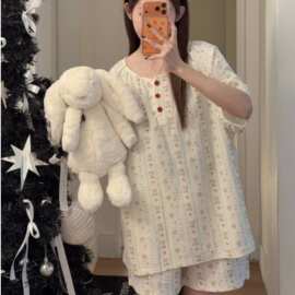 婴儿棉小熊暗纹印花睡衣女夏季圆领排扣短袖短裤家居服套装