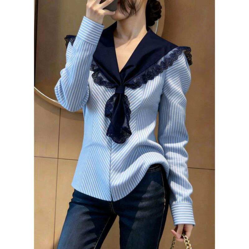 Stylish Navy Collar Lace Trim Striped Shirt for Women, 2026 Summer New Long Sleeve Blue Fashionable Short Top Stylish Navy Collar Lace Trim Striped Shirt for Women, 2026 Summer New Long Sleeve Blue Fashionable Short Top