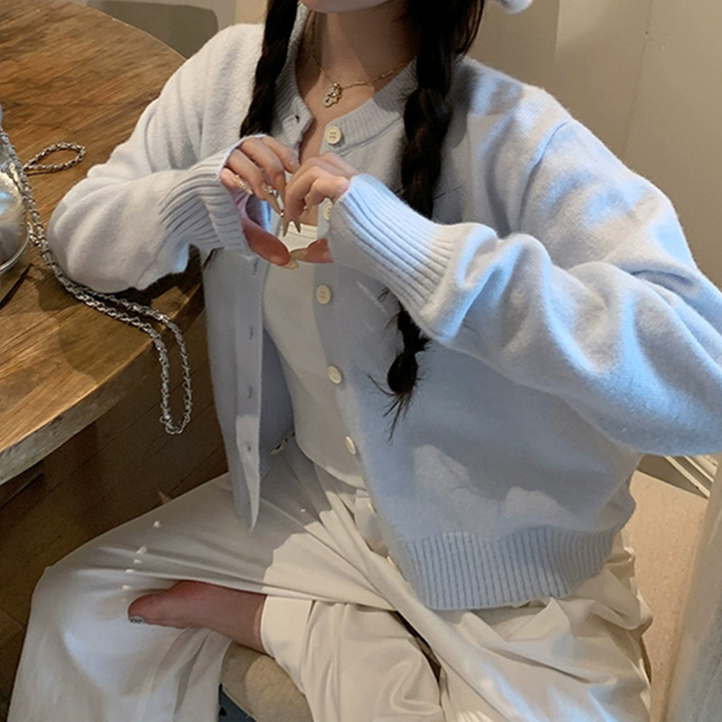 时尚浅蓝色慵懒风针织开衫外套女2025春季新款软糯短款长袖上衣|undefined