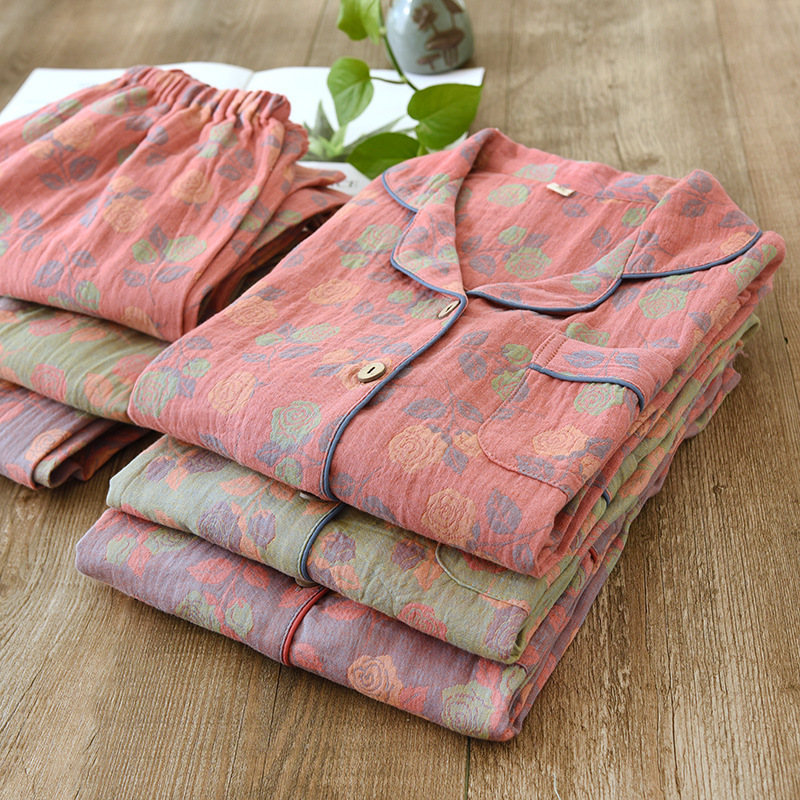 Vintage Ethnic Style Pajamas Women's Spring and Autumn Summer Thin Long Sleeve Yarn-dyed Jacquard Pure Cotton Casual Home Clothes suit