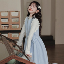 森女甜美部落可爱减龄套装裙女温柔风立领打底衫蓝色背心裙两件套