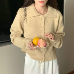 实拍 温柔气质翻领单排扣长袖毛衣开衫女宽松休闲针织衫外套89385