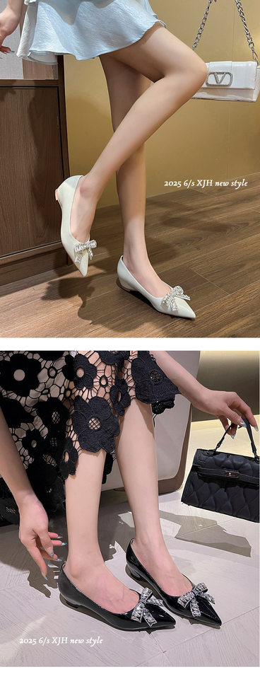 Giày cao gót nữ mũi nhọn gót xuồng đính đá nơ, đế độn cao bên trong 3 cm — Màu mơ, Màu trắng be, Màu đen chi tiết 12