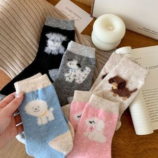 Cashmere Winter Thickened Warm Women's Socks Wool Cute Cartoon Puppy Socks Korean Style Home Sleep Socks
