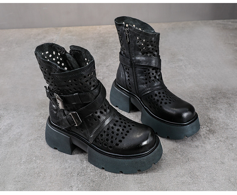 Boot Martin nữ da bò đế dày gót thô họa tiết hoa văn rỗng thoáng khí — Màu nâu chi tiết 13