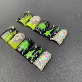 【ZKY原创】纯手工穿戴甲欧美风短款鸭嘴指甲绿色满钻工厂批发