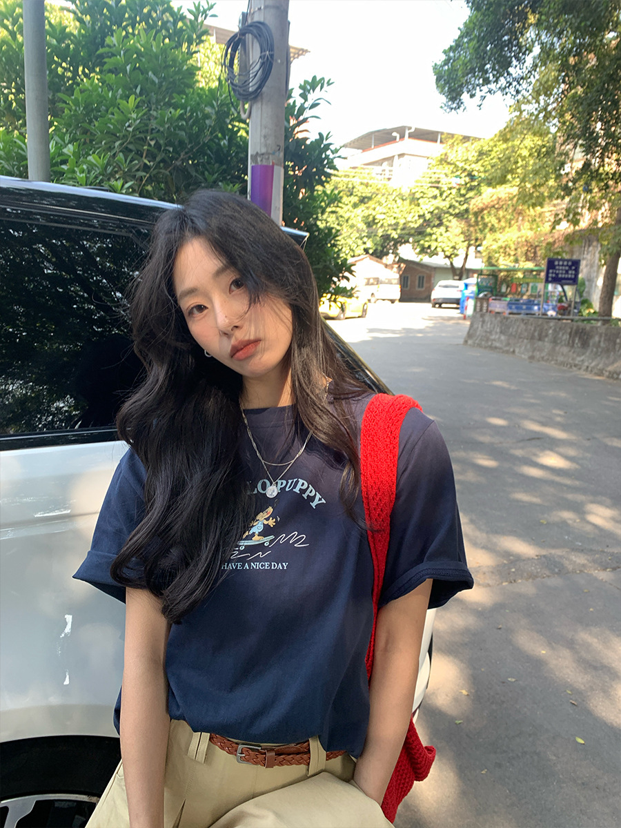 黄 _ シンプル韓系犬プリント半袖tシャツ女性2025春夏カジュアル丸襟上着h 1 da510181