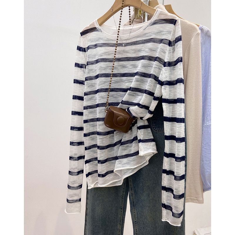 Lazy Tiancai Stripesd Sun Protection Top Slightly See-Through Thin Curled Loose Casual Long-Sleeved T-Shirt Blouse for Women in Autumn Lazy Tiancai Stripesd Sun Protection Top Slightly See-Through Thin Curled Loose Casual Long-Sleeved T-Shirt Blouse for Women in Autumn