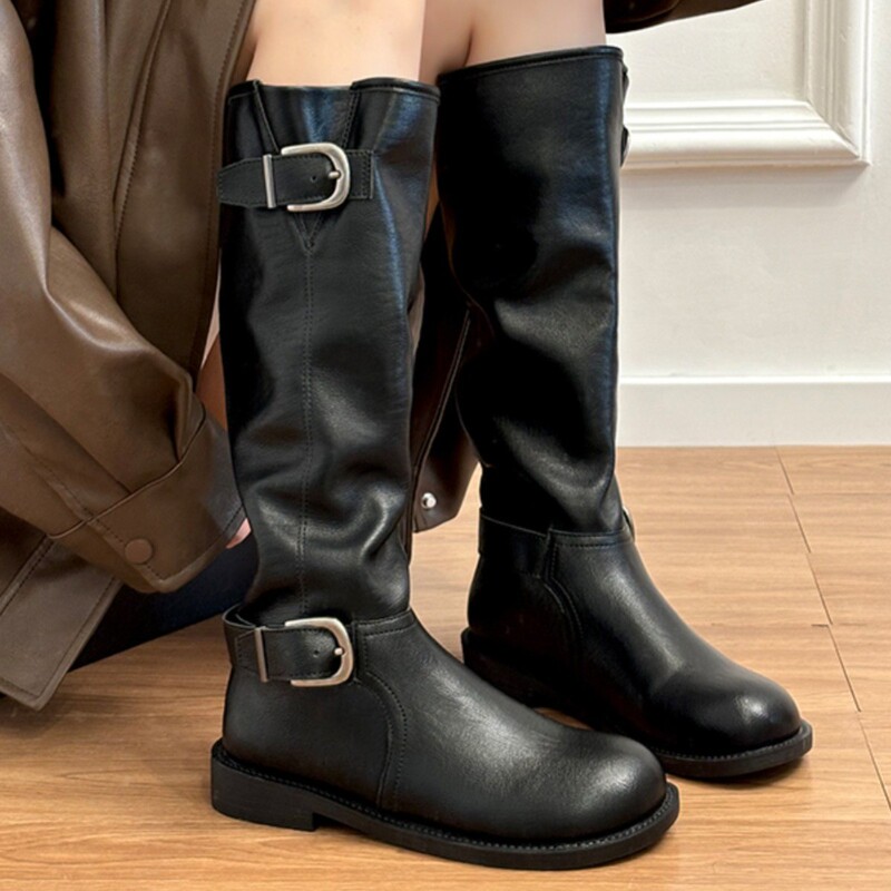 Soft Leather Version ~ Thick-Soled British Style Belt Buckle Mid-Calf Boots Knight Boots Women's Retro Round-Toe Boots