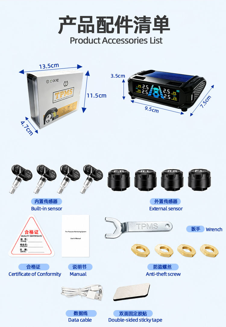 Solar-Powered True Tpms Tire Pressure Monitoring System with Built-In and External High-Precision Wireless Car Tire Pressure Sensors