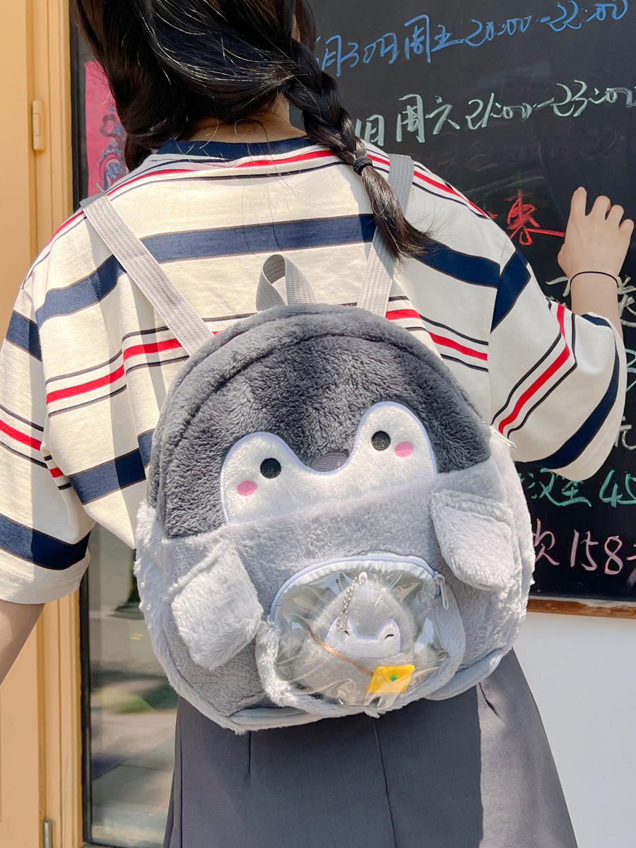 Mochila mujer bordado de dibujos animados pingüino estilo JK bolso de muñeca felpa pequeña mochila linda