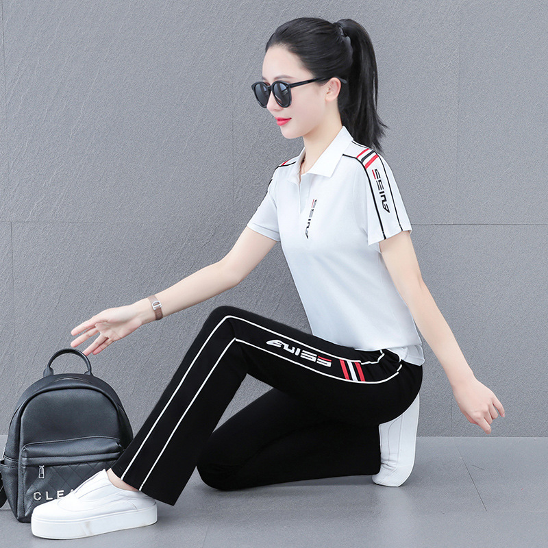 アイスシルクスポーツウェアスーツ女性用2025年新作夏ラペル年齢軽減カジュアルグレー半袖ストレートパンツ2点セット|undefined