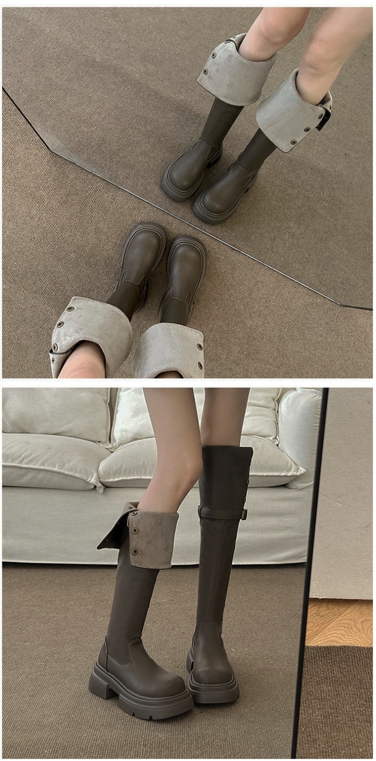 Knielang für Damen im Herbst-Winter, neuer Instagram-Zweiteiler, faltbar, Knight High 2024, kleine Stiefel mit dicken Sohlen_voghion.com