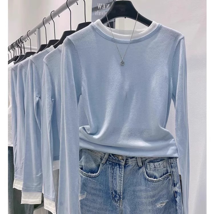 Unique and Stylish Dopamine Blue Slim-Fit Long-Sleeve T-Shirt for Women in Autumn