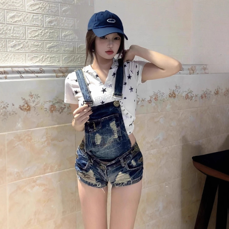 Detachable Multi-Wear Washable Distressed Ultra-Short Denim Overalls for Women, American Style, Vintage-Inspired A-Line Bodycon Jumpsuit
