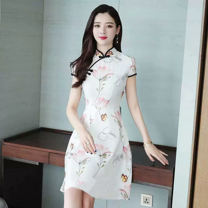 夏季新款复古改良旗袍淑女气质中国风修身显瘦短袖连衣裙A字短裙
