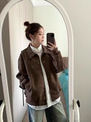 美式复古棕色翻领外套女春秋款2025仿麂皮绒PU情侣夹克上衣