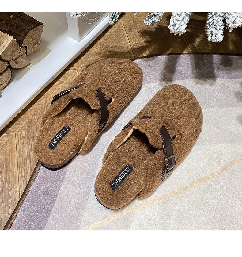 Dép nửa gót bít mũi lông xù kiểu Birkenstock cổ điển cho nữ, mũi tròn — Màu nâu, Màu trắng sữa, Màu đen chi tiết 16