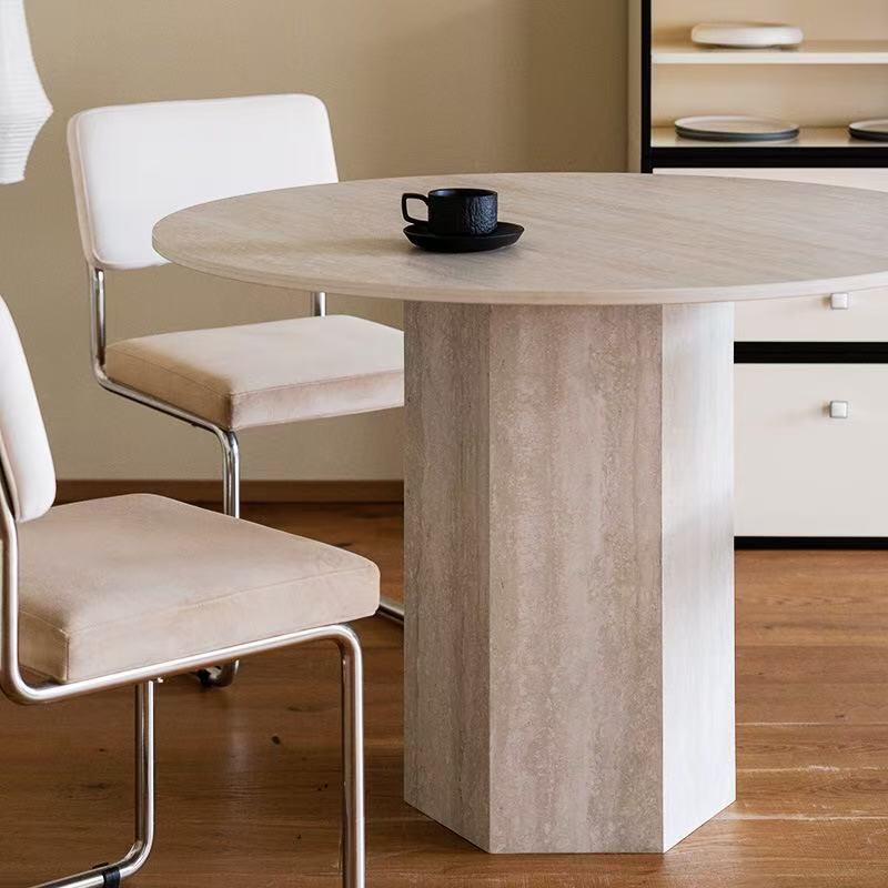 Wabiji, tablero de roca de viento antiguo, mesa redonda de diseño, mesa de modelo de diseño, mesa de comedor de alta gama, apartamento pequeño, mesa de comedor de tablero de roca de travertino redondo